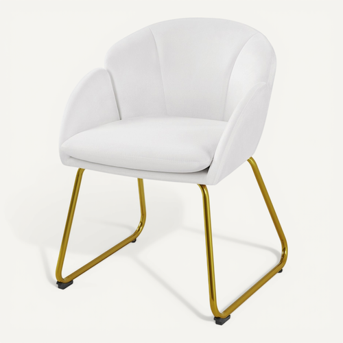 Fauteuil De Salon En Velours Polyester En Forme De Fleur Avec Pieds En Métal Doré, Blanc