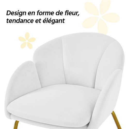Fauteuil De Salon En Velours Polyester En Forme De Fleur Avec Pieds En Métal Doré, Blanc