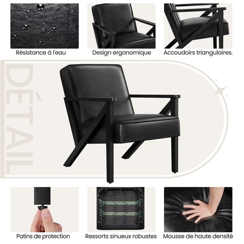 Fauteuil De Salon En Similicuir Avec Cadre En Bois Et Pieds Et Accoudoirs En Forme De Z, Noir