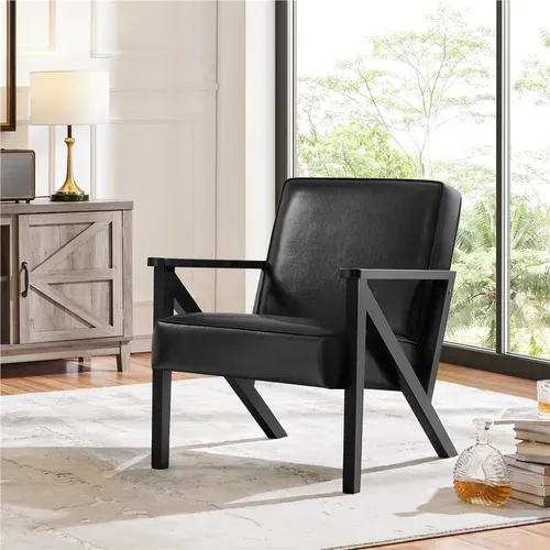 Fauteuil De Salon En Similicuir Avec Cadre En Bois Et Pieds Et Accoudoirs En Forme De Z, Noir