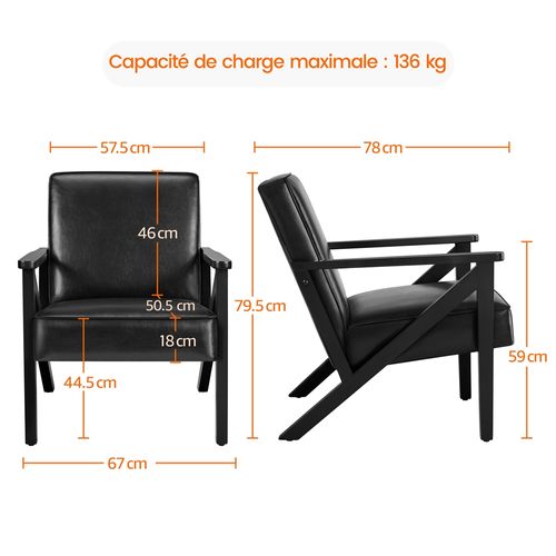 Fauteuil De Salon En Similicuir Avec Cadre En Bois Et Pieds Et Accoudoirs En Forme De Z, Noir