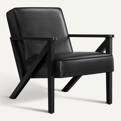 Fauteuil De Salon En Similicuir Avec Cadre En Bois Et Pieds Et Accoudoirs En Forme De Z, Noir