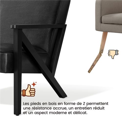 Fauteuil De Salon En Similicuir Avec Cadre En Bois Et Pieds Et Accoudoirs En Forme De Z, Noir