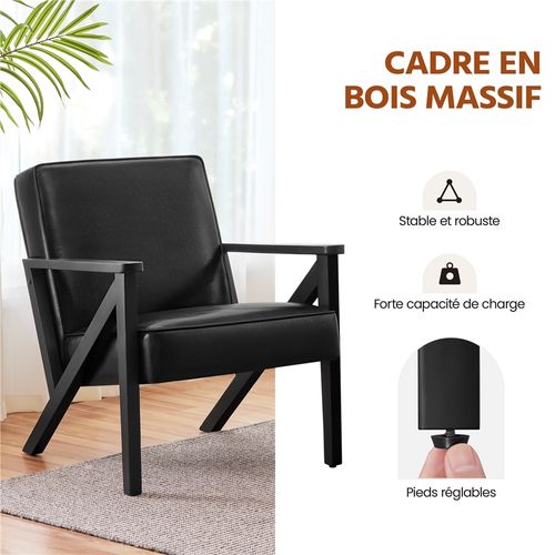 Fauteuil De Salon En Similicuir Avec Cadre En Bois Et Pieds Et Accoudoirs En Forme De Z, Noir