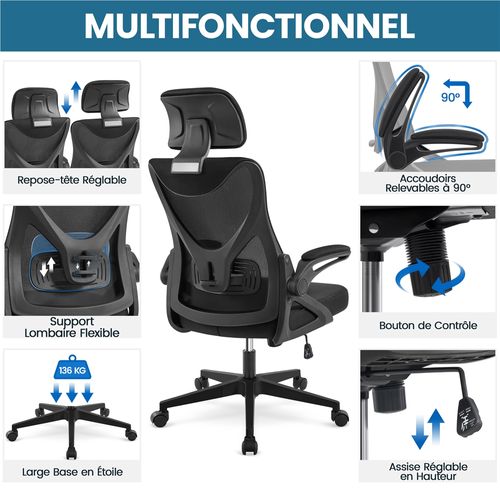 Fauteuil De Bureau Réglable Chaise De Bureau En Maille Avec Appui-tête Support Lombaire Noir