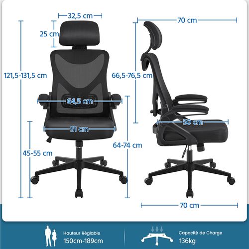 Fauteuil De Bureau Réglable Chaise De Bureau En Maille Avec Appui-tête Support Lombaire Noir