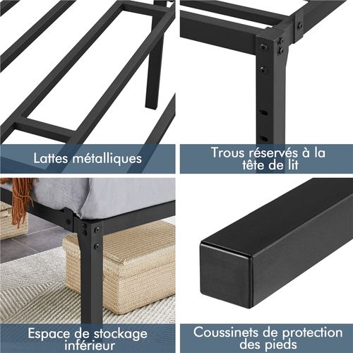 Cadre De Lit 90x200 Cm - Métallique Avec Support à Lattes - Noir