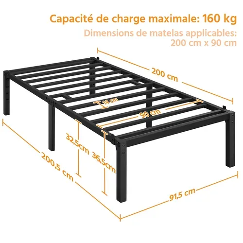 Cadre De Lit 90x200 Cm - Métallique Avec Support à Lattes - Noir