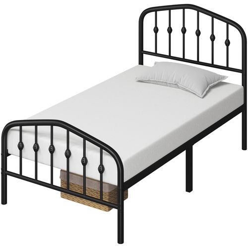 Cadre De Lit Simple 90×190 Cm En Métal Avec Tête De Lit 1 Personne Couronne Et Sommier à Lattes,noir