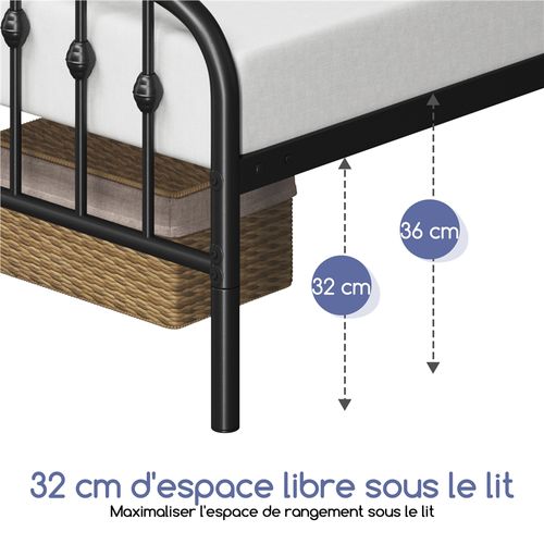 Cadre De Lit Simple 90×190 Cm En Métal Avec Tête De Lit 1 Personne Couronne Et Sommier à Lattes,noir