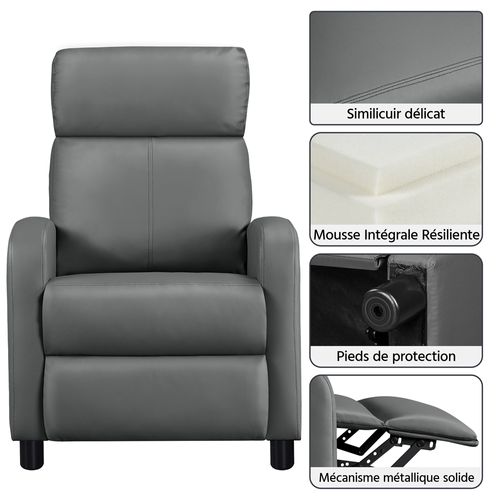 Fauteuil Inclinable Convertible En Similicuir, Fauteuil Rembourré Avec Repose Pied, Gris