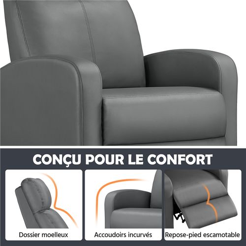 Fauteuil Inclinable Convertible En Similicuir, Fauteuil Rembourré Avec Repose Pied, Gris