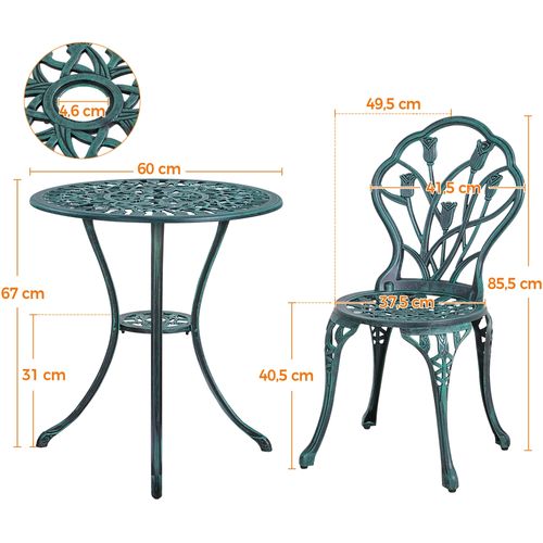 Ensemble Table Et 2 Chaises De Jardin En Aluminium Avec Trou Pour Parasol, Vert