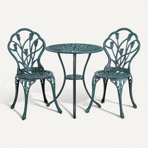 Ensemble Table Et 2 Chaises De Jardin En Aluminium Avec Trou Pour Parasol, Vert