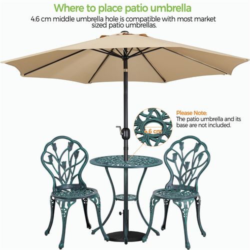Ensemble Table Et 2 Chaises De Jardin En Aluminium Avec Trou Pour Parasol, Vert