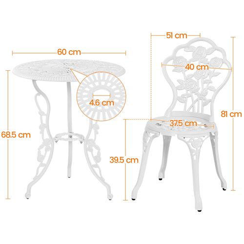 Ensemble De Bistrot 3 Pièces Table De Jardin Et 2 Chaises En Métal Avec Trou De Parasol, Blanc