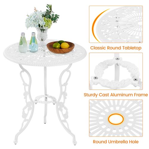 Ensemble De Bistrot 3 Pièces Table De Jardin Et 2 Chaises En Métal Avec Trou De Parasol, Blanc