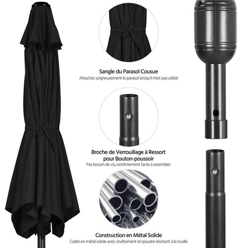 Parasol Inclinable à 8 Baleines Avec Armature En Métal, Bouton-poussoire Et Manivelle, Noir