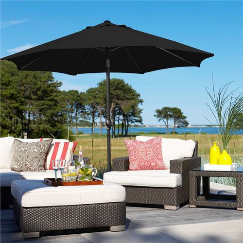 Parasol Inclinable à 8 Baleines Avec Armature En Métal, Bouton-poussoire Et Manivelle, Noir