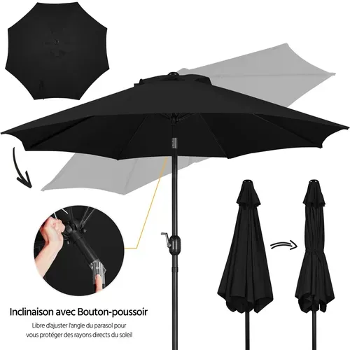 Parasol Inclinable à 8 Baleines Avec Armature En Métal, Bouton-poussoire Et Manivelle, Noir