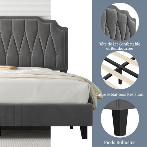 Lit Double Rembourré 140 X 200 Cm Avec Sommier, Pour Adultes En Bois Massif Et Métal, Gris Foncé