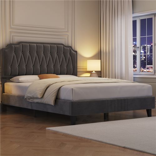 Lit Double Rembourré 140 X 200 Cm Avec Sommier, Pour Adultes En Bois Massif Et Métal, Gris Foncé