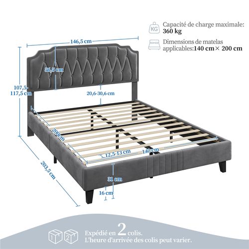 Lit Double Rembourré 140 X 200 Cm Avec Sommier, Pour Adultes En Bois Massif Et Métal, Gris Foncé
