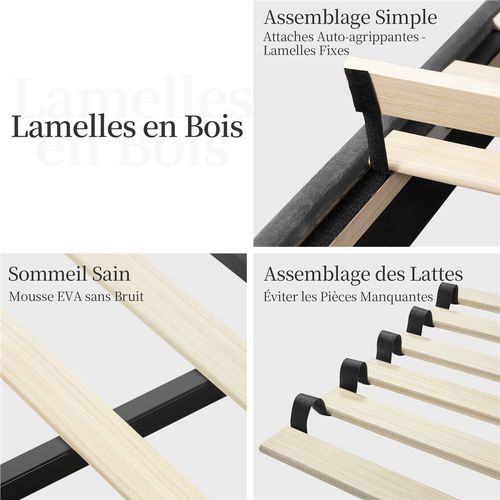 Lit Double Rembourré 140 X 200 Cm Avec Sommier, Pour Adultes En Bois Massif Et Métal, Gris Foncé