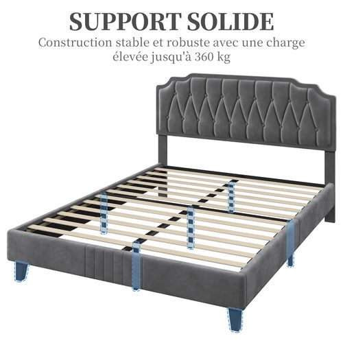 Lit Double Rembourré 140 X 200 Cm Avec Sommier, Pour Adultes En Bois Massif Et Métal, Gris Foncé