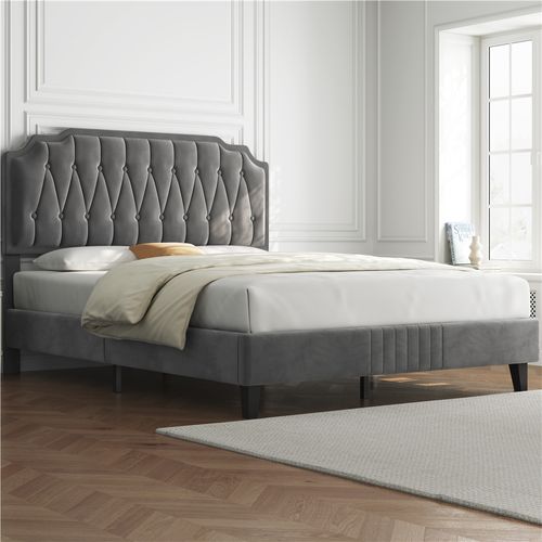 Lit Double Classique En Bois Massif Avec Sommier Et Tête De Lit,160 × 200 Cm, Gris Foncé