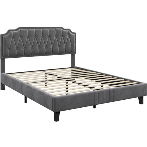 Lit Double Classique En Bois Massif Avec Sommier Et Tête De Lit,160 × 200 Cm, Gris Foncé