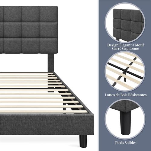 Lit Double 2 Personnes Capitonné Carré 140×200 Cm Tête De Lit Réglable Sommier Gris Foncé