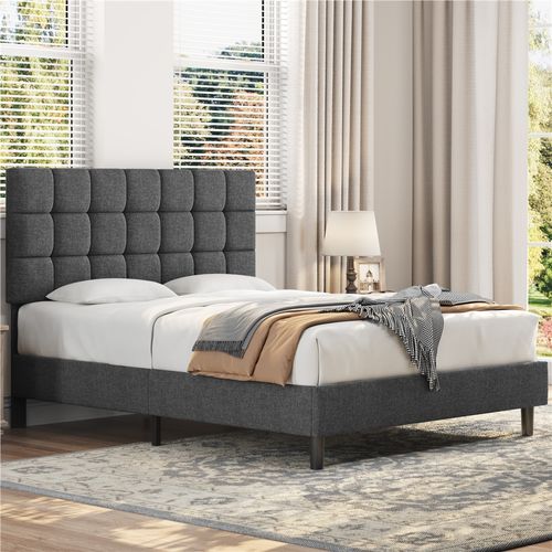 Lit Double 2 Personnes Capitonné Carré 140×200 Cm Tête De Lit Réglable Sommier Gris Foncé