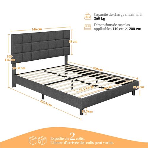 Lit Double 2 Personnes Capitonné Carré 140×200 Cm Tête De Lit Réglable Sommier Gris Foncé