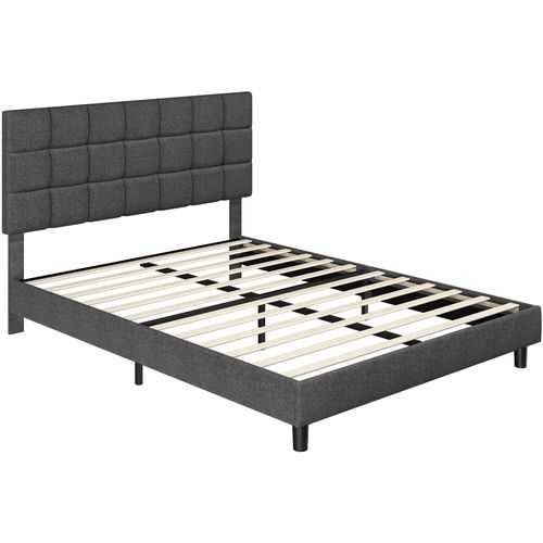 Lit Double 2 Personnes Capitonné Carré 140×200 Cm Tête De Lit Réglable Sommier Gris Foncé