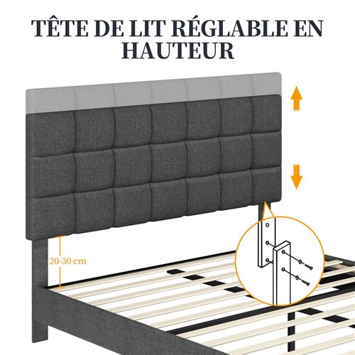 Lit Double 2 Personnes Capitonné Carré 140×200 Cm Tête De Lit Réglable Sommier Gris Foncé