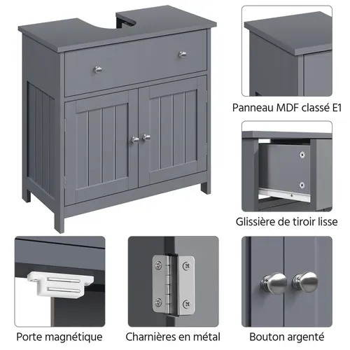 Meuble Sous Lavabo Sur Pieds Avec Tiroir Et Portes Battantes, Gris Foncé