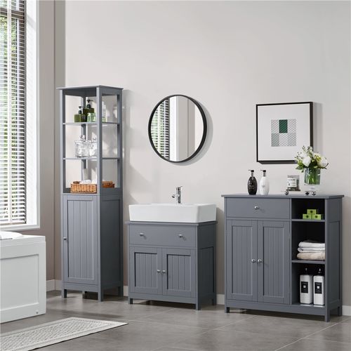 Meuble Sous Lavabo Sur Pieds Avec Tiroir Et Portes Battantes, Gris Foncé