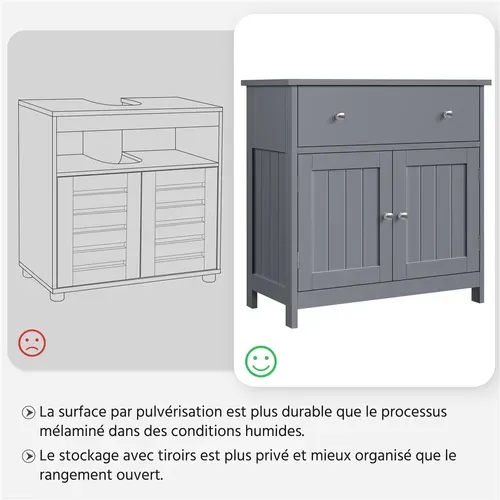 Meuble Sous Lavabo Sur Pieds Avec Tiroir Et Portes Battantes, Gris Foncé