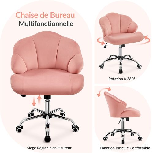 Chaise De Bureau Design Coquillage En Velours Avec Dossier Inclinable Et Roulettes, Rose