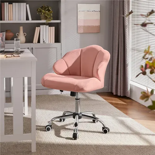 Chaise De Bureau Design Coquillage En Velours Avec Dossier Inclinable Et Roulettes, Rose