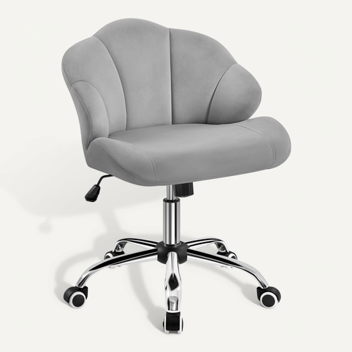 Chaise De Bureau Design Coquillage En Velours Avec Dossier Inclinable Et Roulettes, Gris Clair