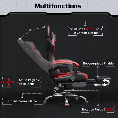 Chaise Gaming Réglable En Hauteur Avec Repose-pieds Télescopique Charge maximale 150kg, Noir/rouge