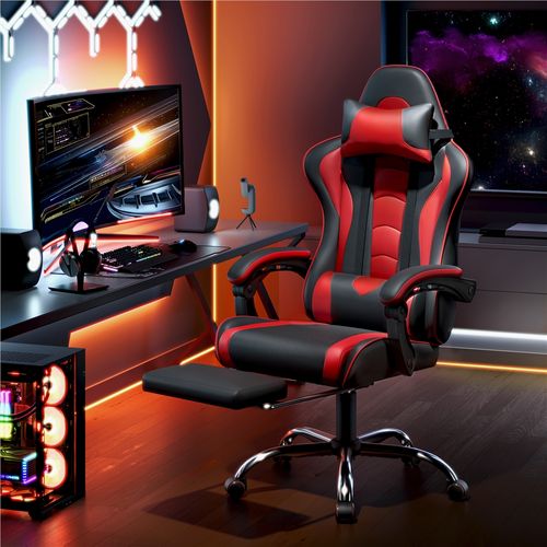 Chaise Gaming Réglable En Hauteur Avec Repose-pieds Télescopique Charge maximale 150kg, Noir/rouge