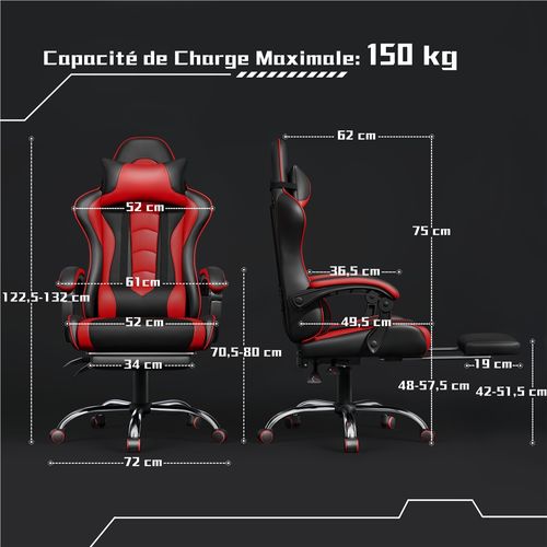 Chaise Gaming Réglable En Hauteur Avec Repose-pieds Télescopique Charge maximale 150kg, Noir/rouge