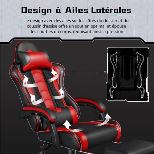 Chaise Gaming Réglable En Hauteur Avec Repose-pieds Télescopique Charge maximale 150kg, Noir/rouge