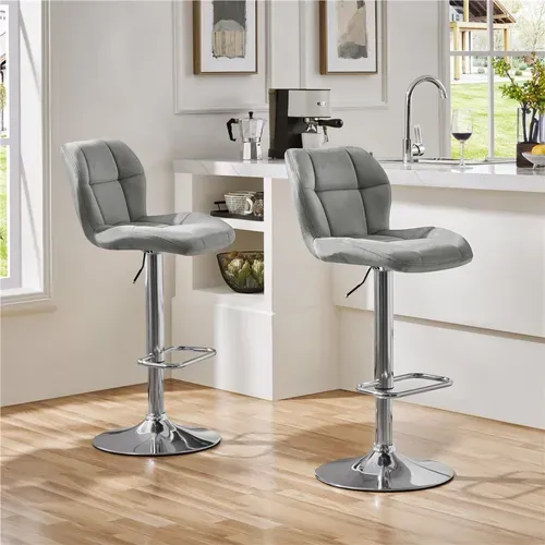 Lot De 2 Chaises De Bar Modernes En Velours Réglables En Hauteur Design Capitonné, Gris Clair