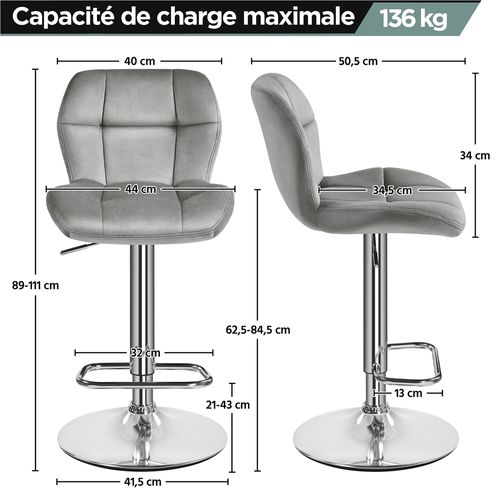 Lot De 2 Chaises De Bar Modernes En Velours Réglables En Hauteur Design Capitonné, Gris Clair