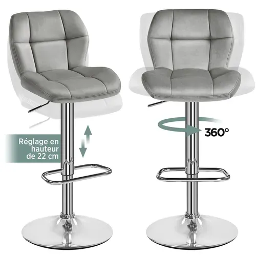 Lot De 2 Chaises De Bar Modernes En Velours Réglables En Hauteur Design Capitonné, Gris Clair