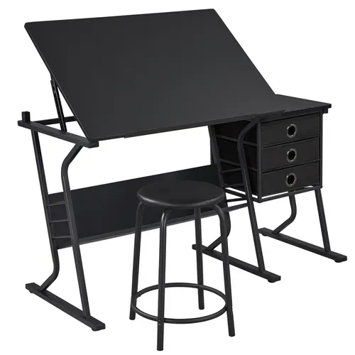 Table à Dessin Inclinable Avec Table D’appoint Et Tabouret, Bureau à Dessin Avec 3 Tiroirs, Noir